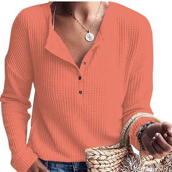 Glanzition Womens Tops Casual V Neck Button Up Loose Waffle Knit Tunic Henley M - Picture 3 of 16